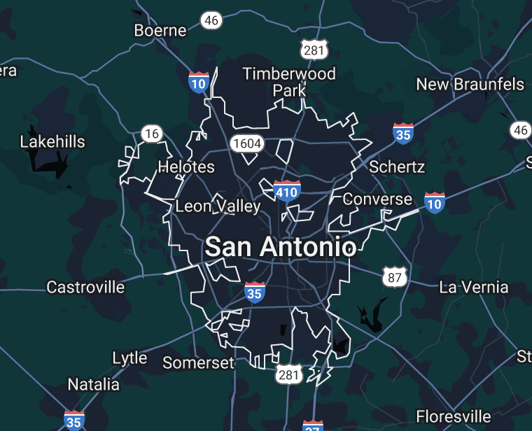 Map of San Antonio, Texas, showing major roads, neighborhoods, and landmarks.